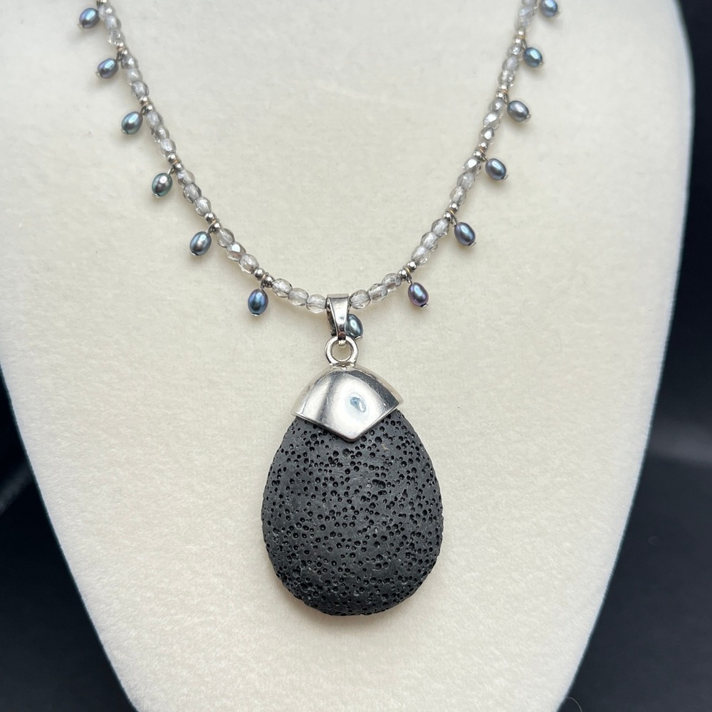 Lava Stone Necklace Black Silver Tone Peacock Pearls‎ Oil Diffuser Aromatherapy